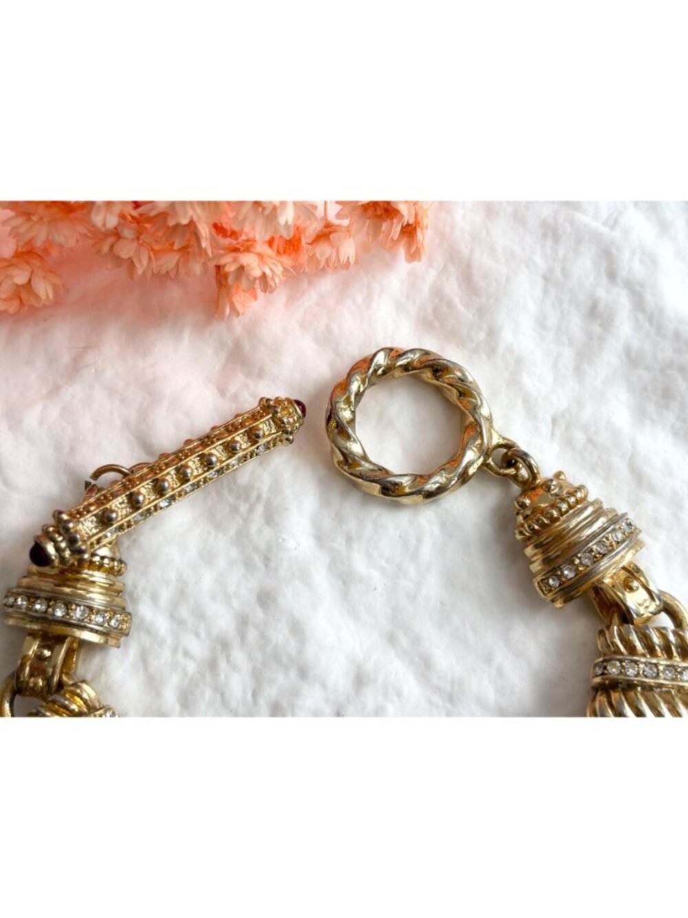 Gold Toned Curb Chain Chunky Rhinestone Accented Vintage 80's Style Bracelet - Picture 6 of 16